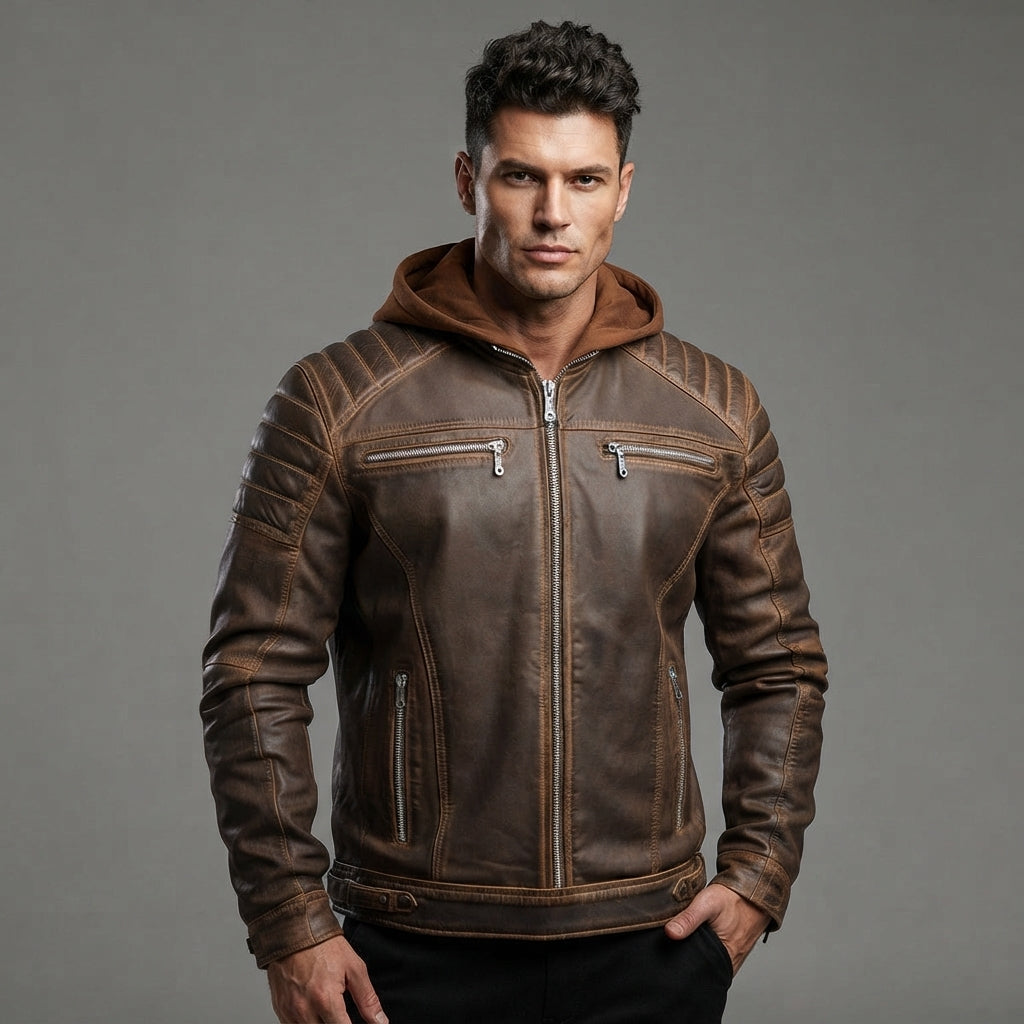 Men's Brown Leather Hooded Jacket