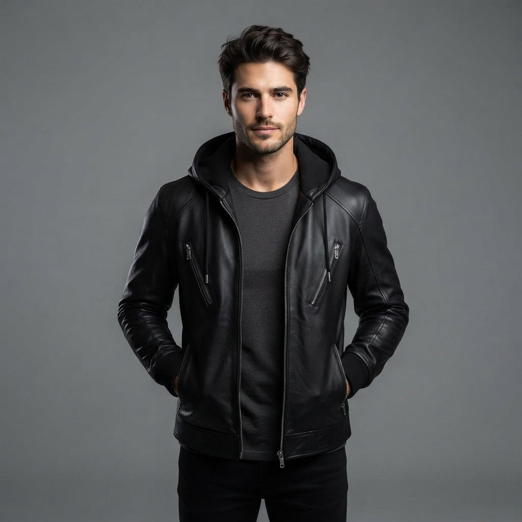 Men's Hooded Black Leather Jacket