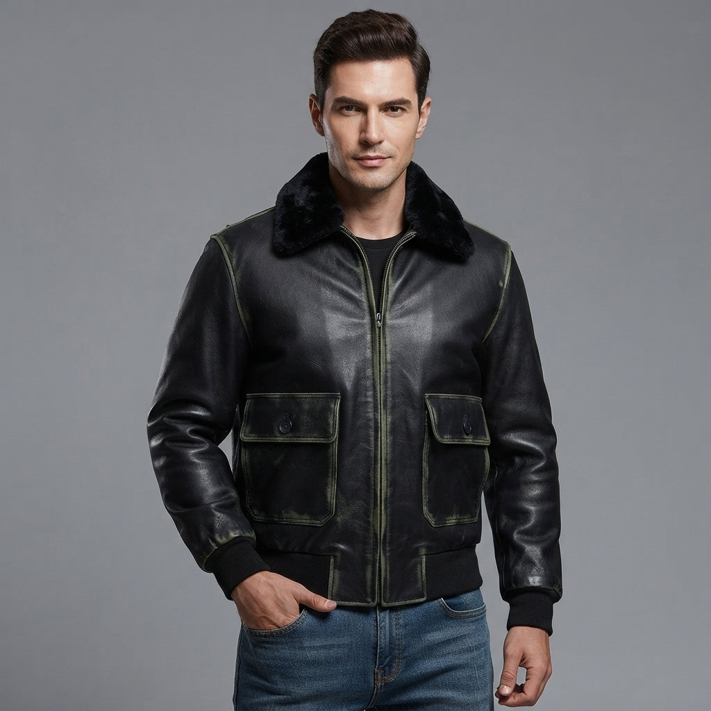 Men's Black Leather Military Jacket - Leather Outlet