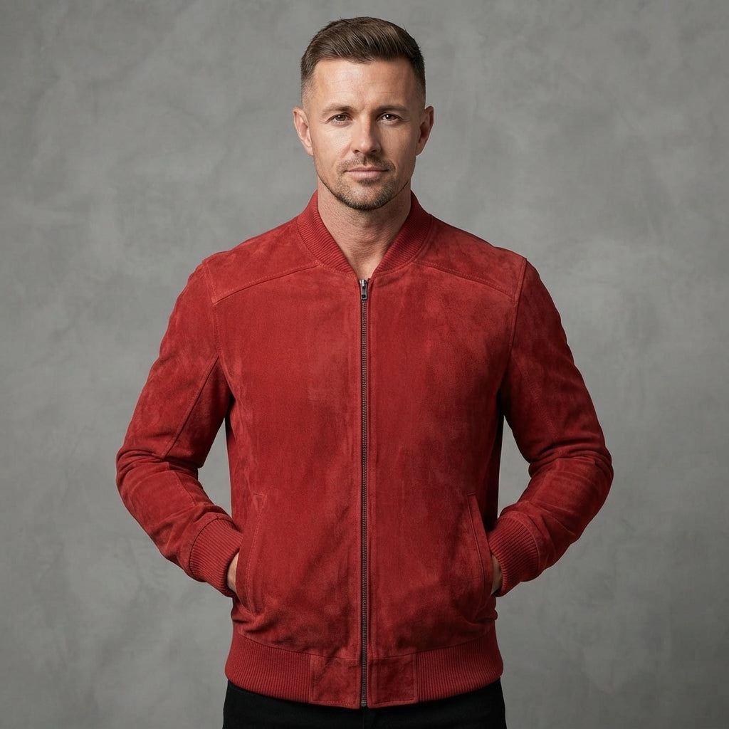 Men's  Red Suede Retro  Leather Jacket