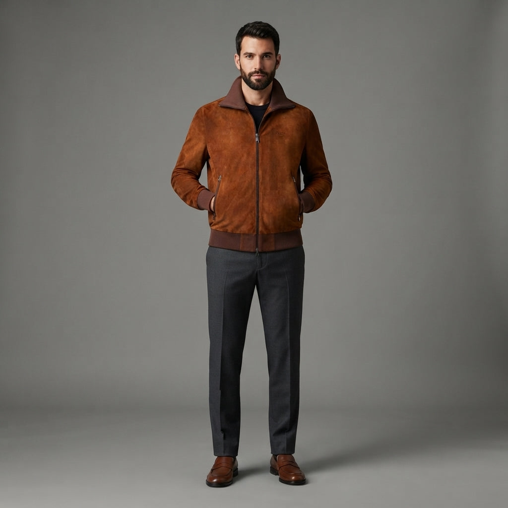 Men's Suede Blouson Long Sleeve Leather Jacket