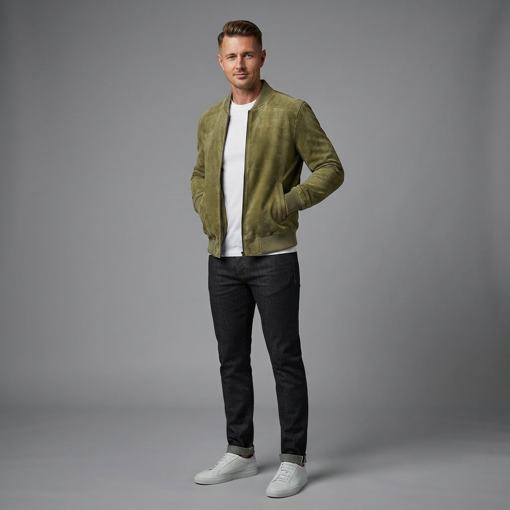 New Men's Real Olive Green Suede Leather Bomber Jacket