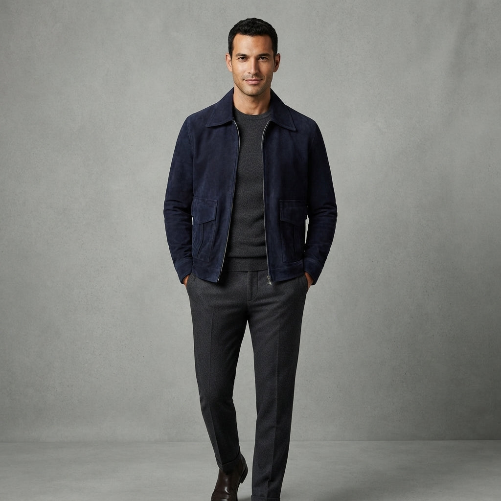 Men's Navy Suede Bomber Jacket - Leather Outlet