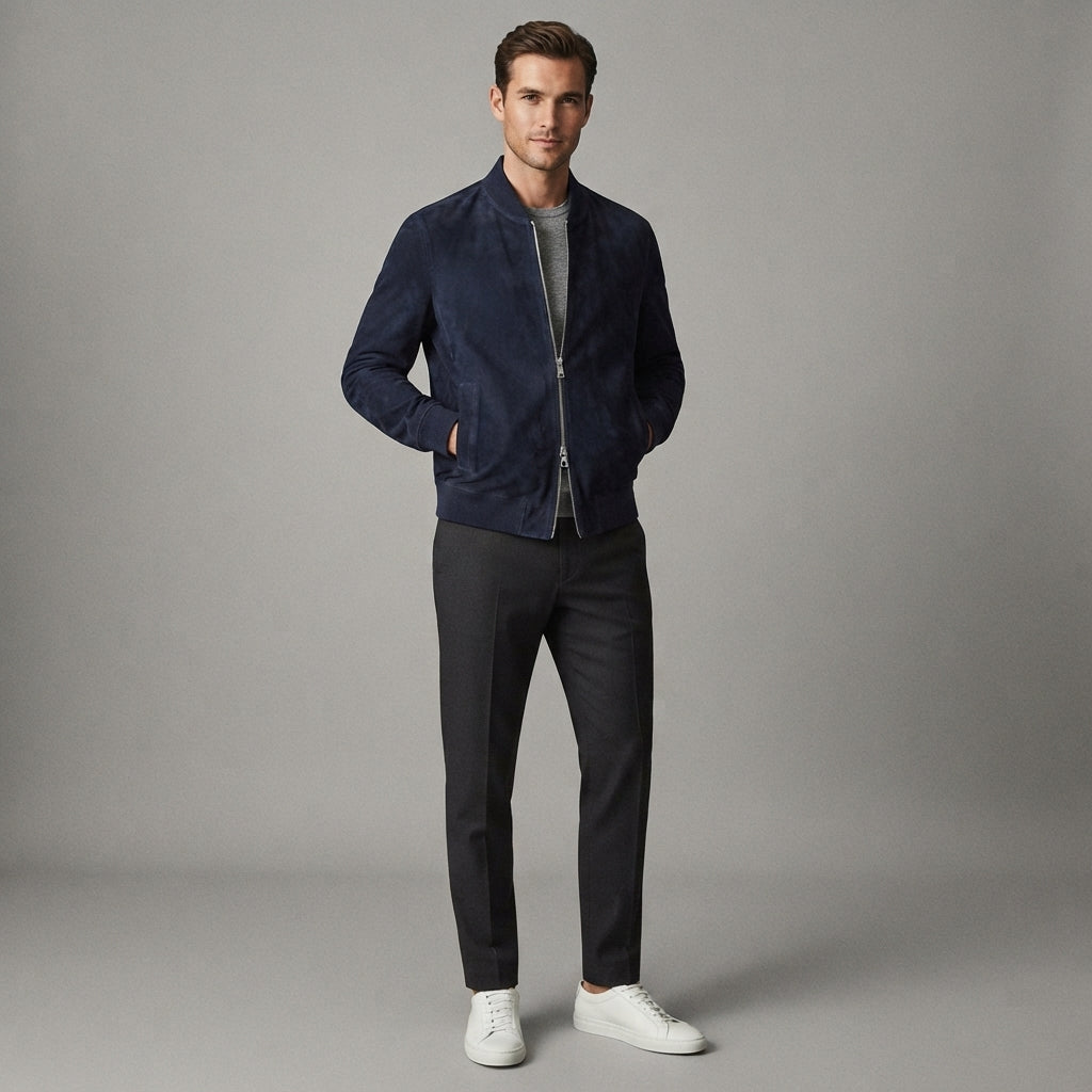 Men's Dark Blue Suede Bomber Jacket