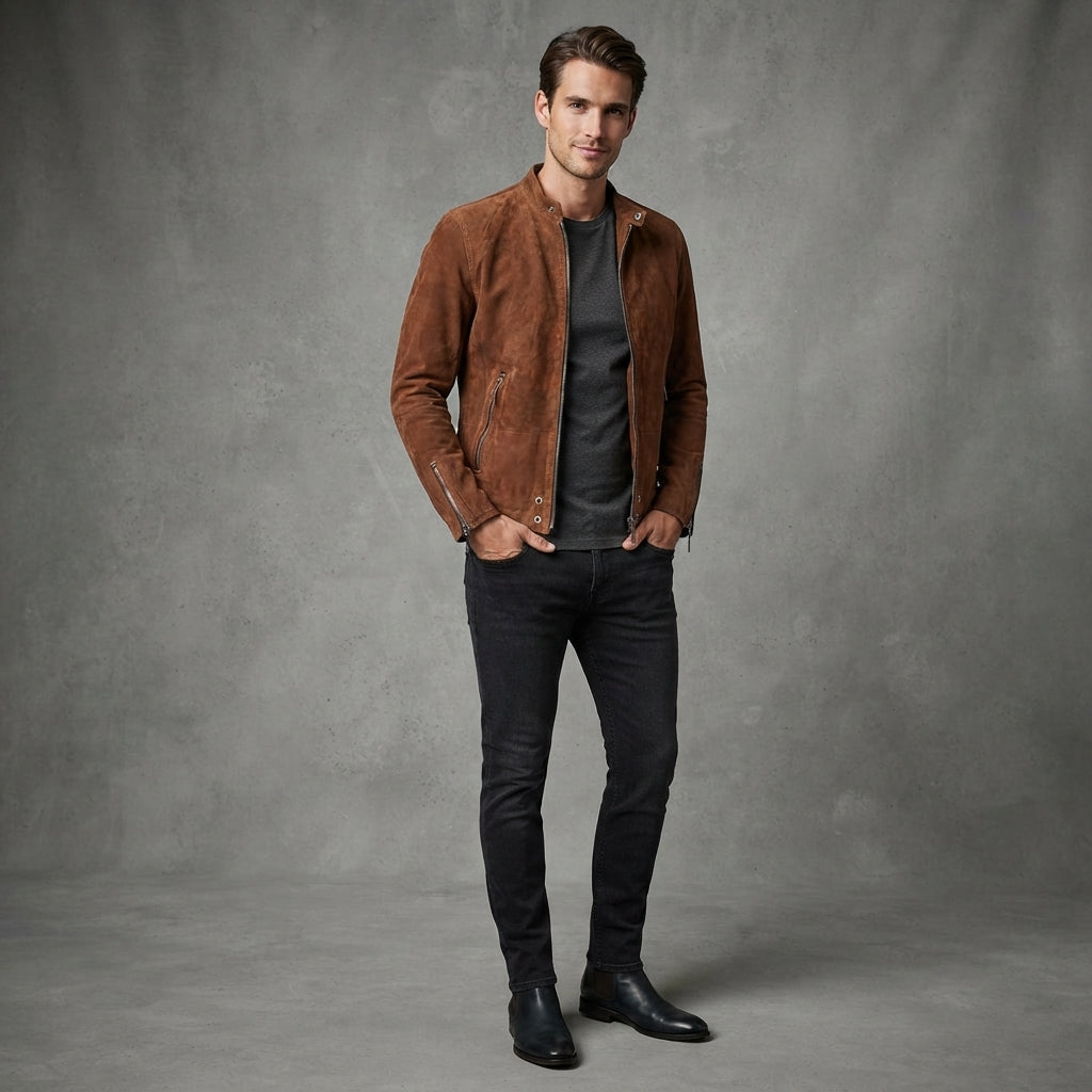 Men's Brown Suede Cafe Racer Jacket