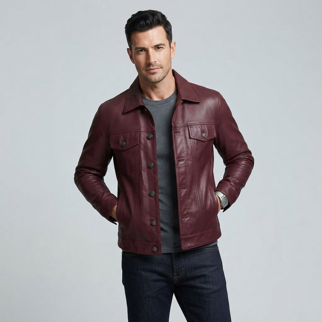 Men's Burgundy Trucker Leather Jacket - Leather Outlet
