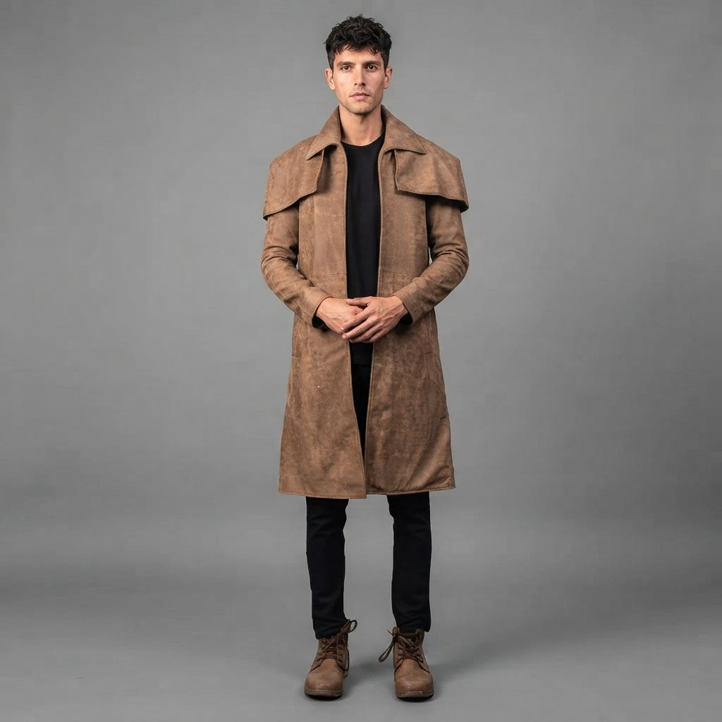 Men Brown Leather Duster Coat