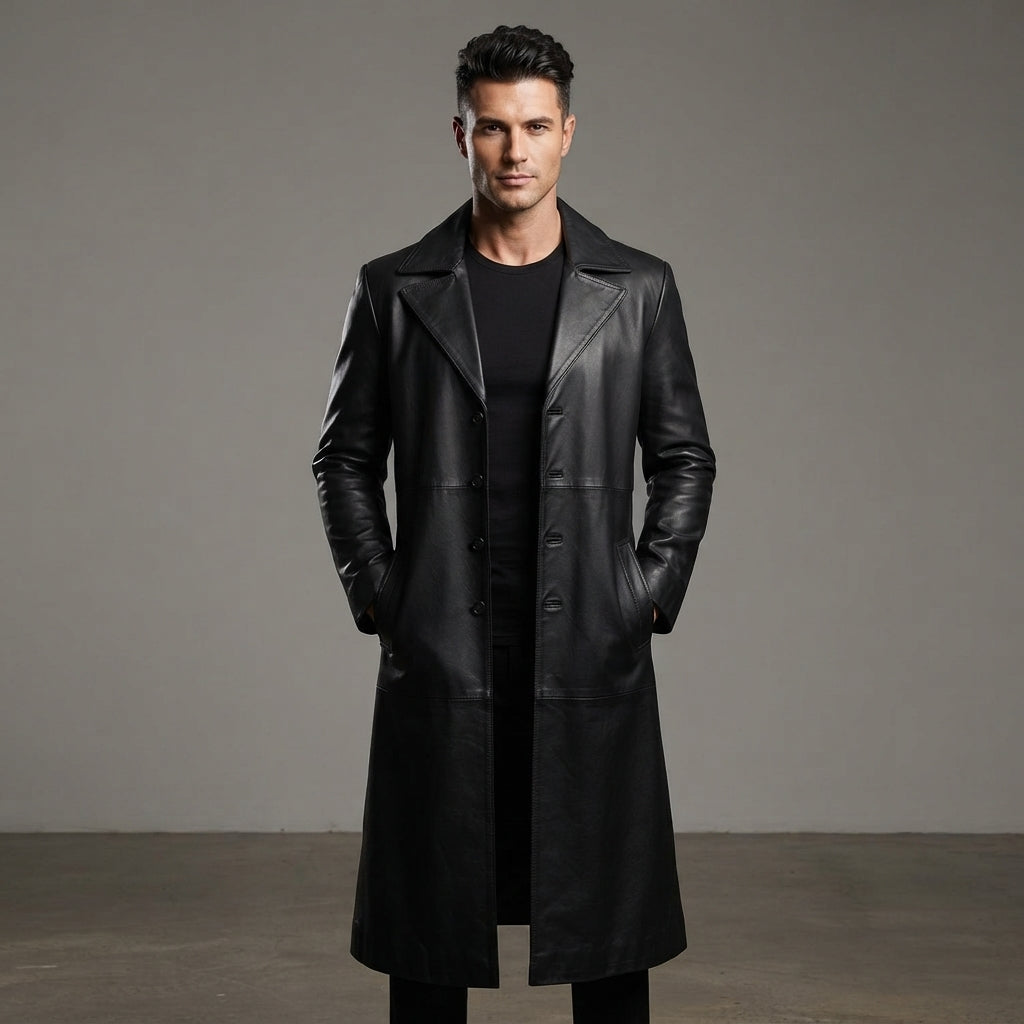 Men's Pure Black Leather Duster Coats
