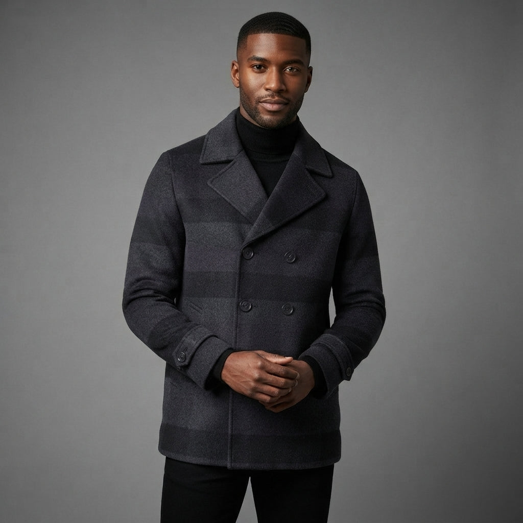 Men's Grey Black Leather Peacoat - Leather Outlet
