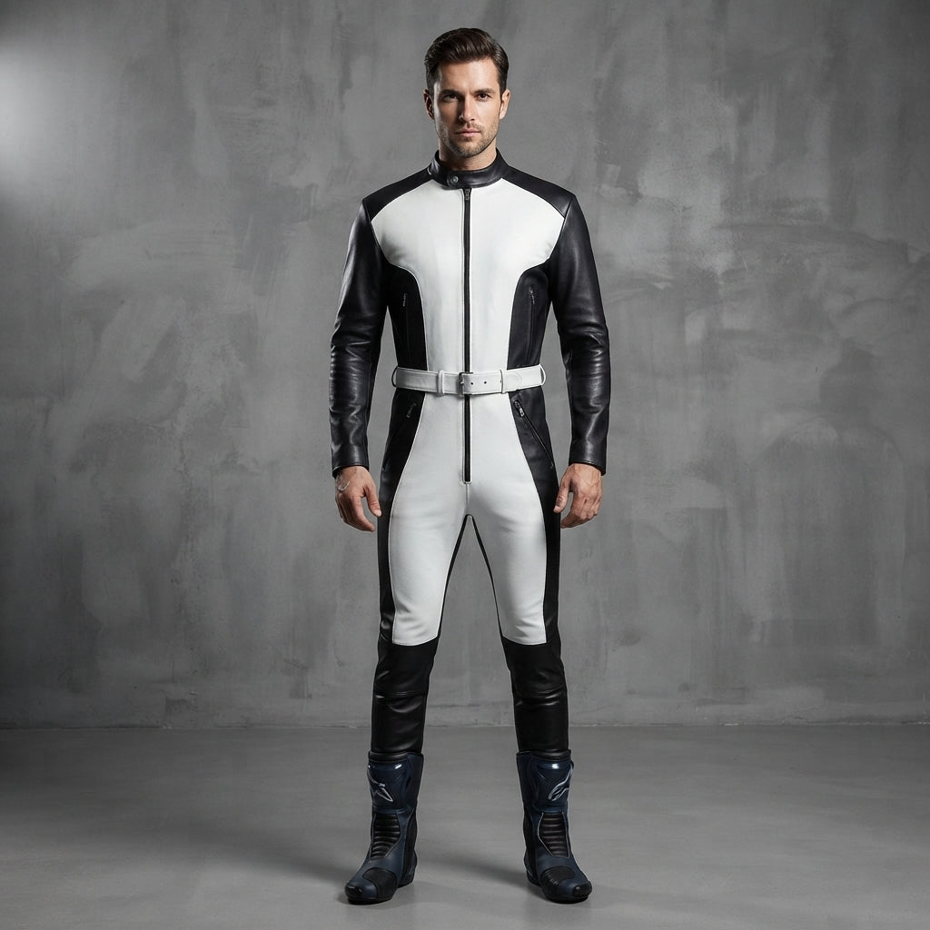 Men's Black & White Leather Jumpsuit