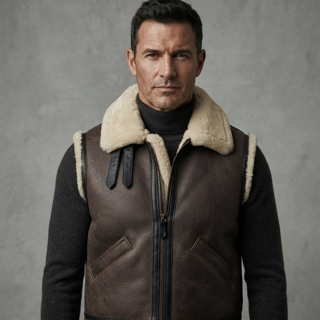 Men's Beige Shearling Leather Vest - Leather Outlet