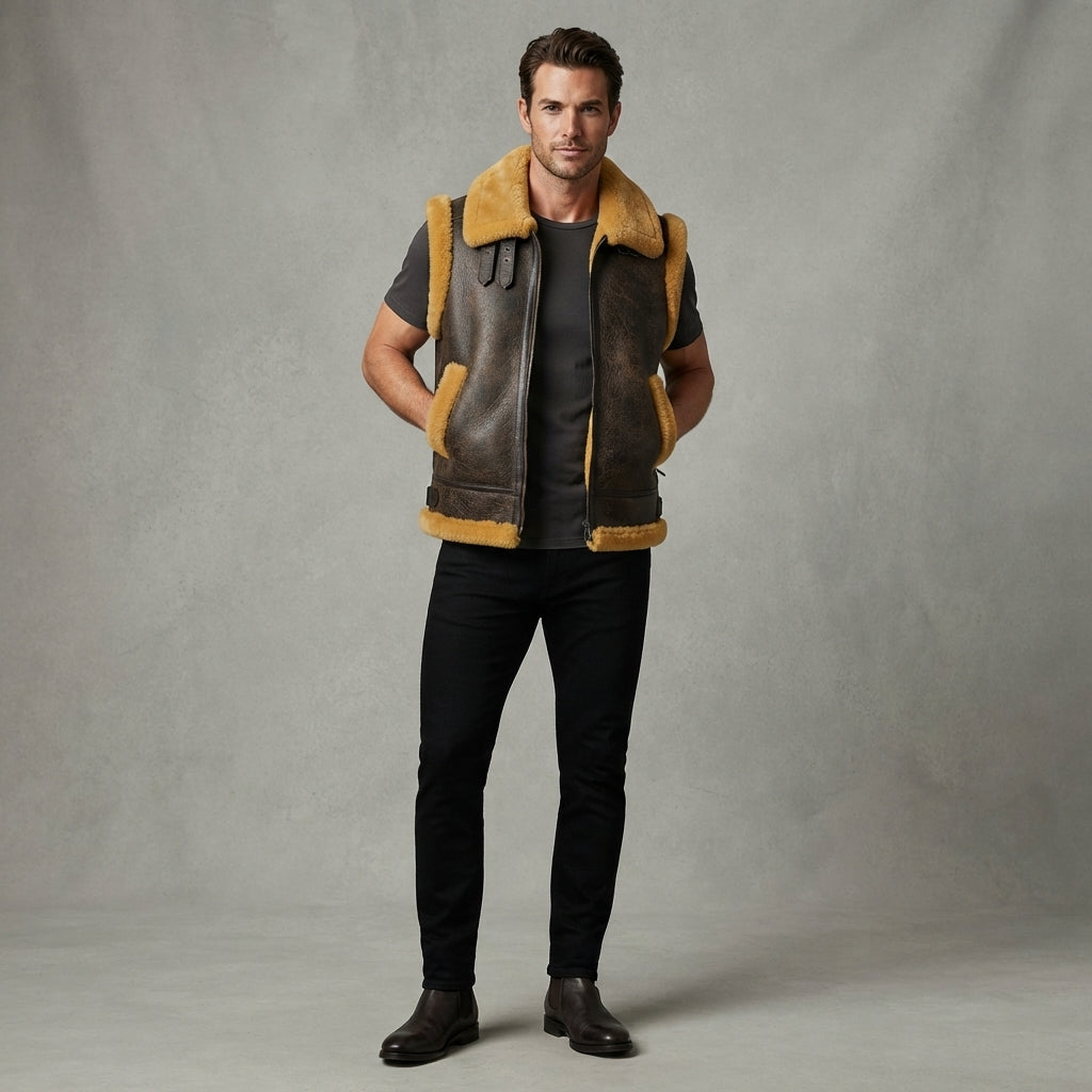 Men's Tan Beige Shearling Leather Vest - Leather Outlet