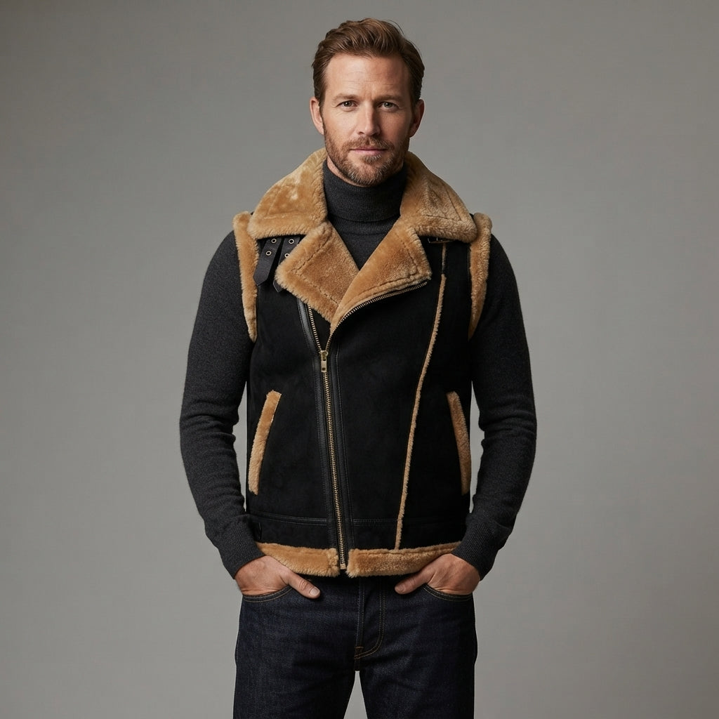 Men's Black Shearling Leather Vest - Leather Outlet