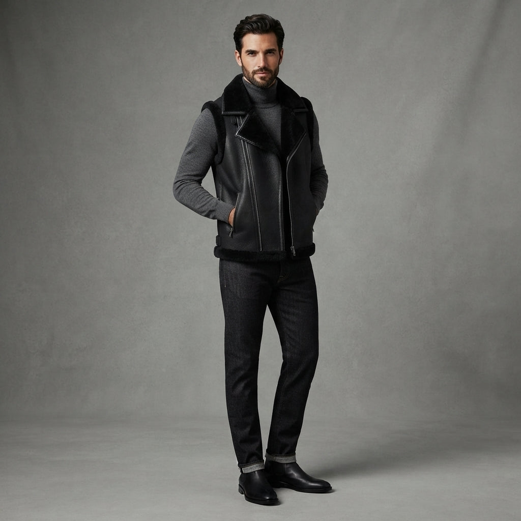 Men's Full Black Shearling Leather Vest - Leather Outlet