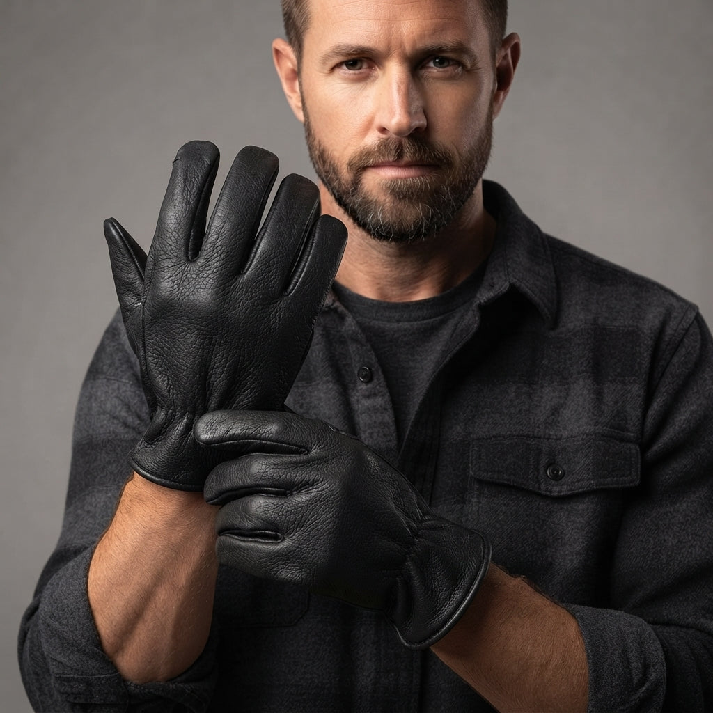Men's Black Genuine Leather Gloves Winter