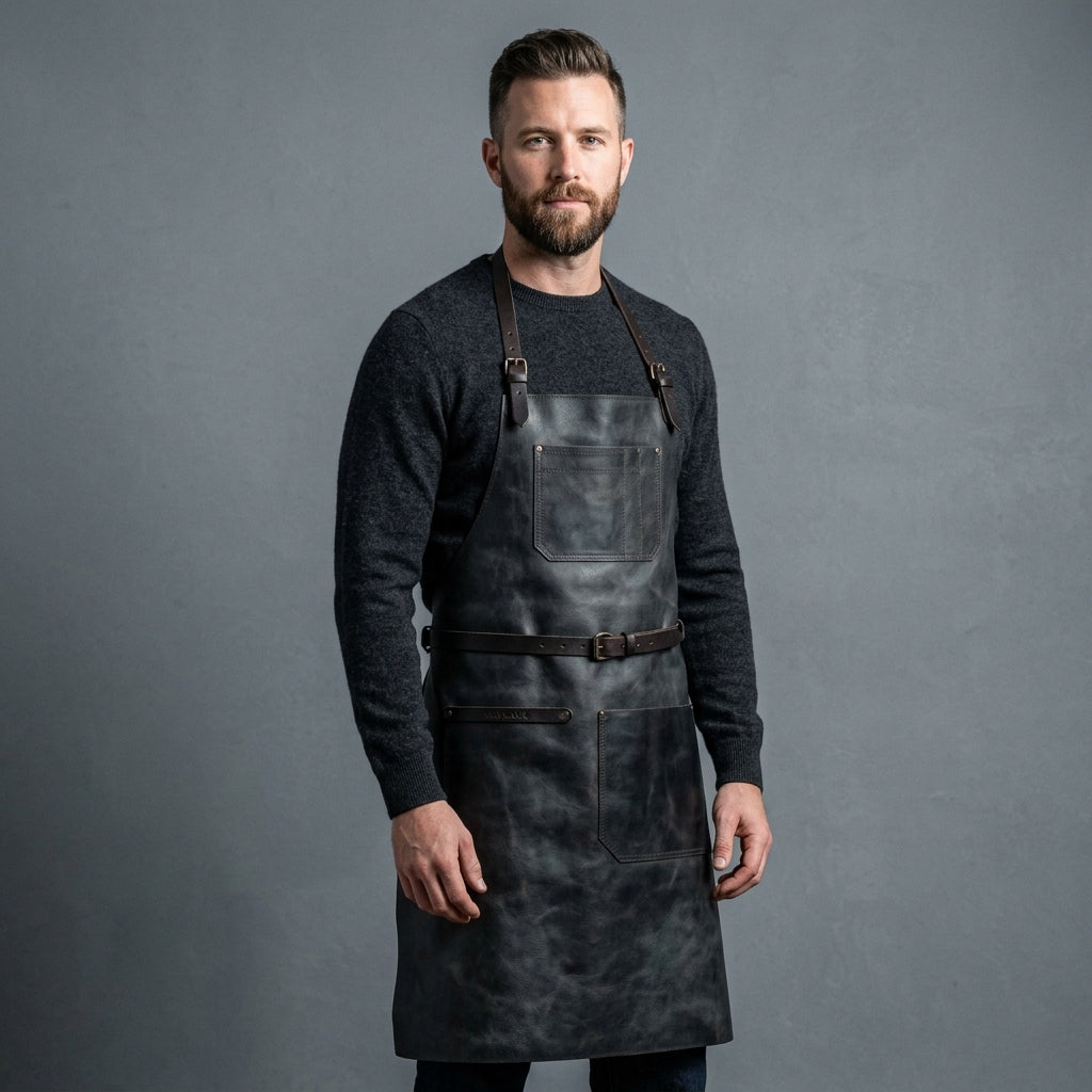 Men's Black Genuine Leather Work Apron