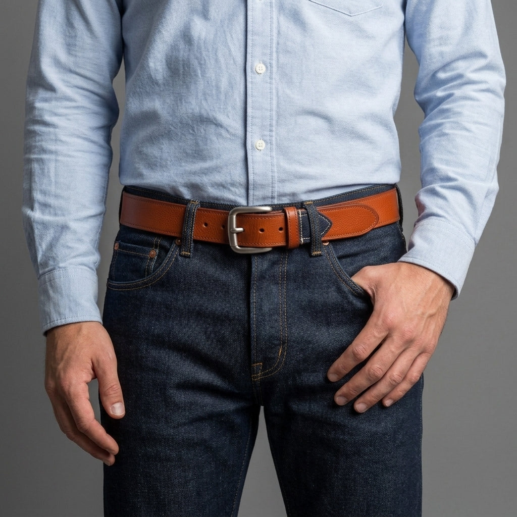 Tan Leather Belt with Silver Buckle