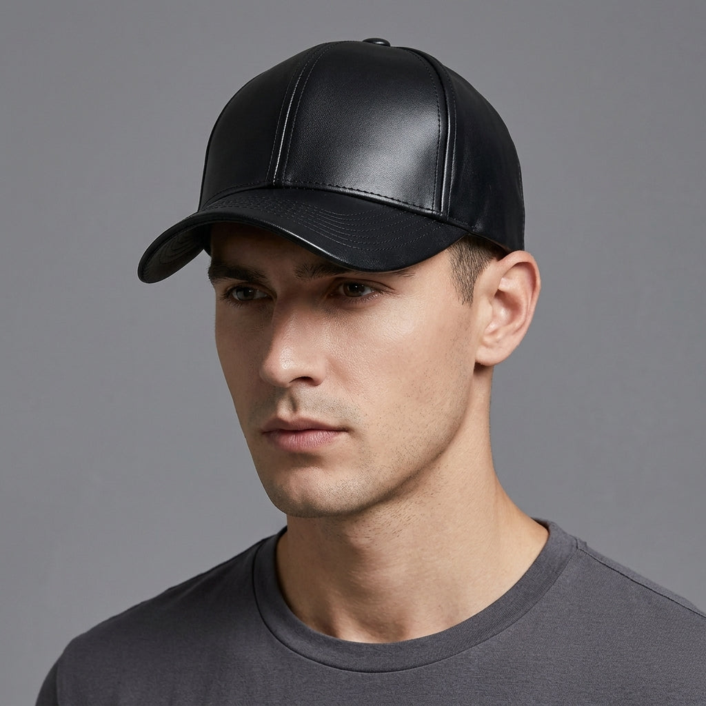 Men's Black Leather Cap - Leather Outlet