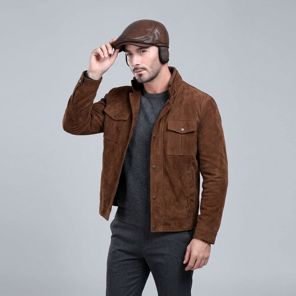 Men's Brown Genuine Leather Winter Beret Hat