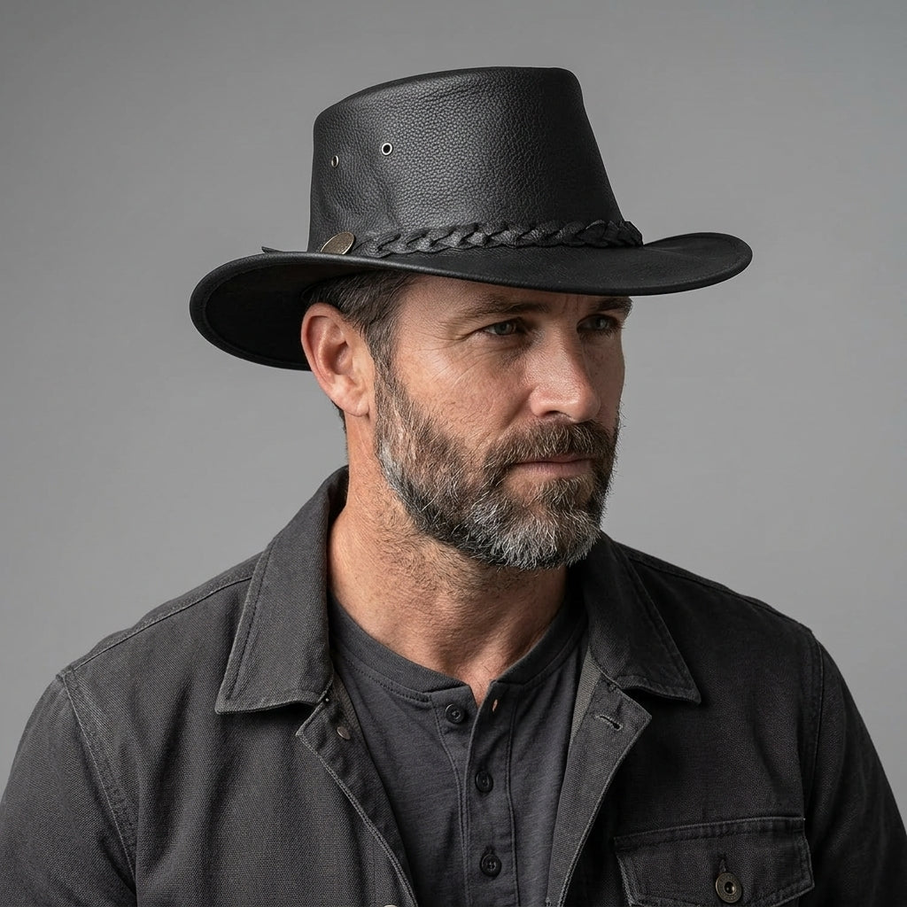 Men's Black Leather Hat