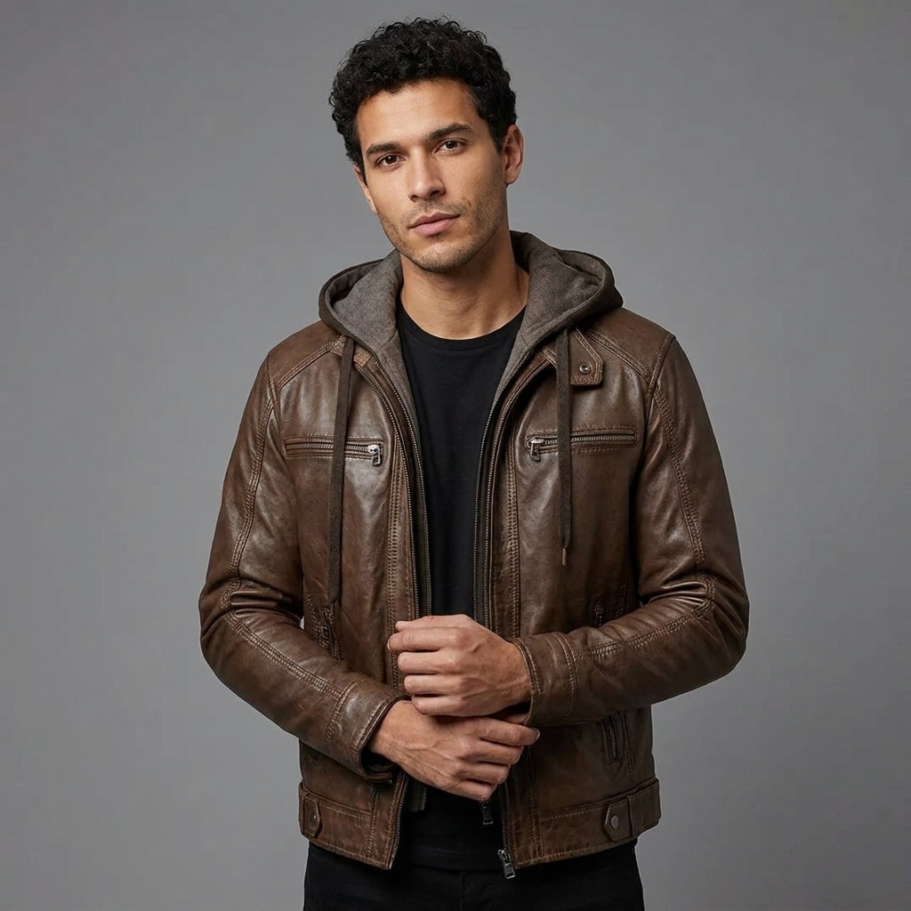 Men's Hooded Brown Leather Jacket - Leather Outlet
