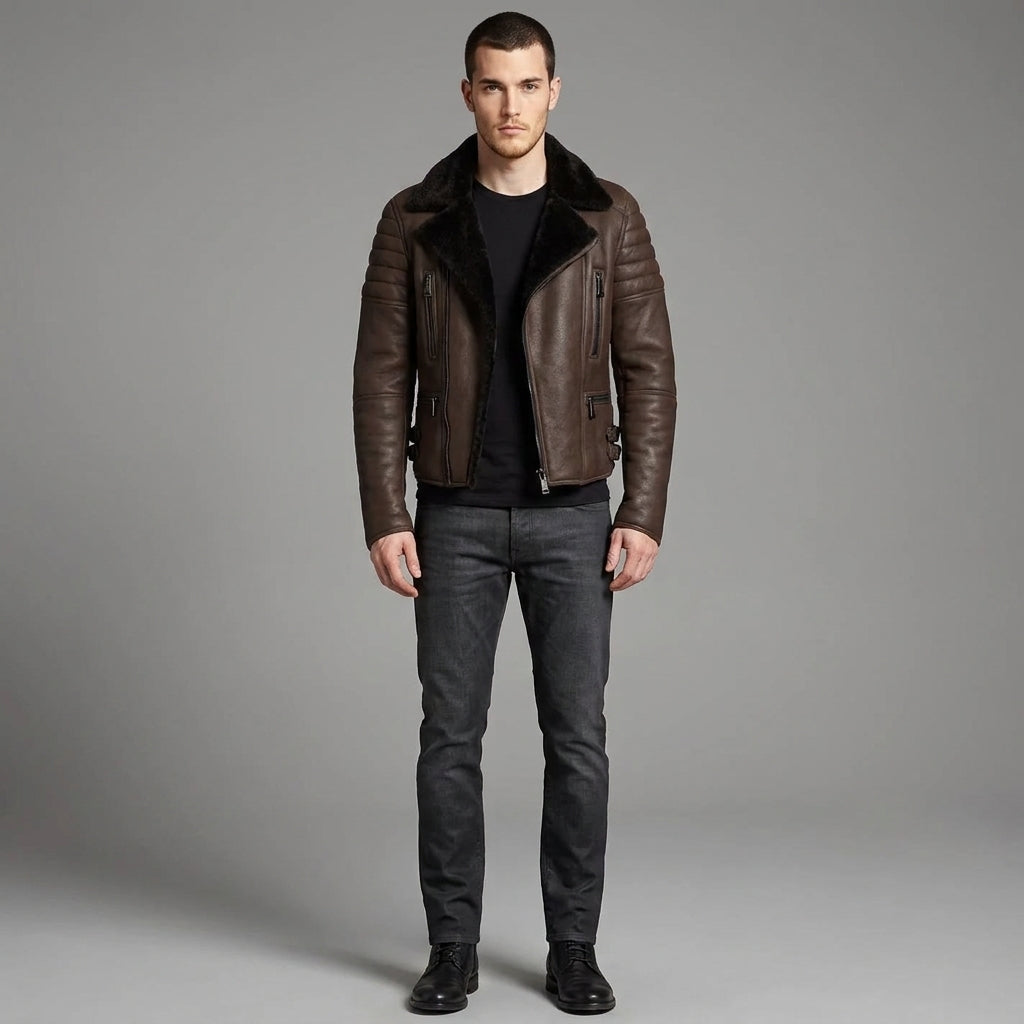 Men's Cafe Racer Brown Sheepskin Leather Jacket