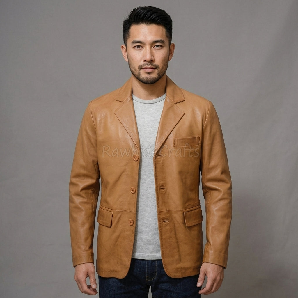 Men's Tan Brown Leather Blazer - Leather Outlet