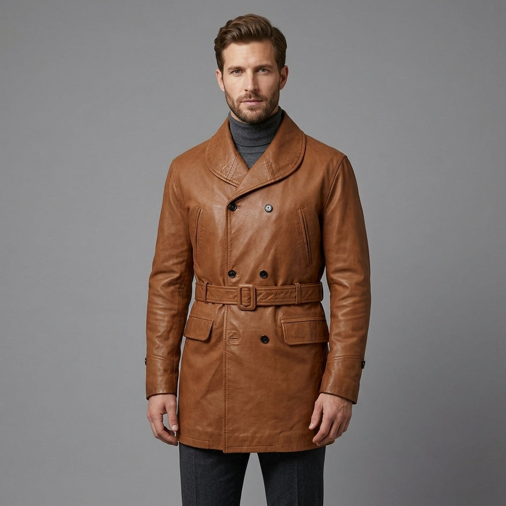 Men's Light Brown Leather Trench Coat - Leather Outlet
