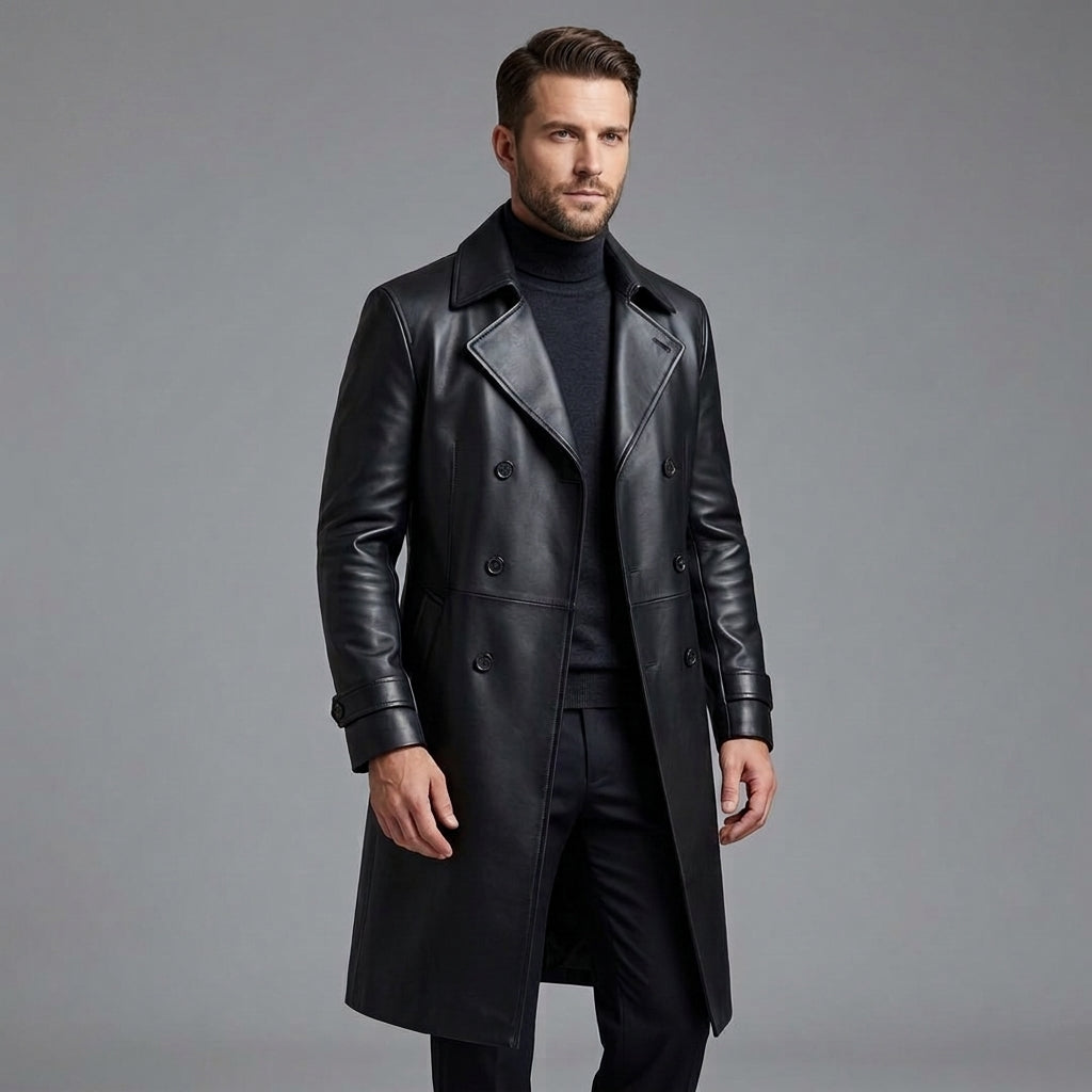 Men's Black Leather Trench Coat