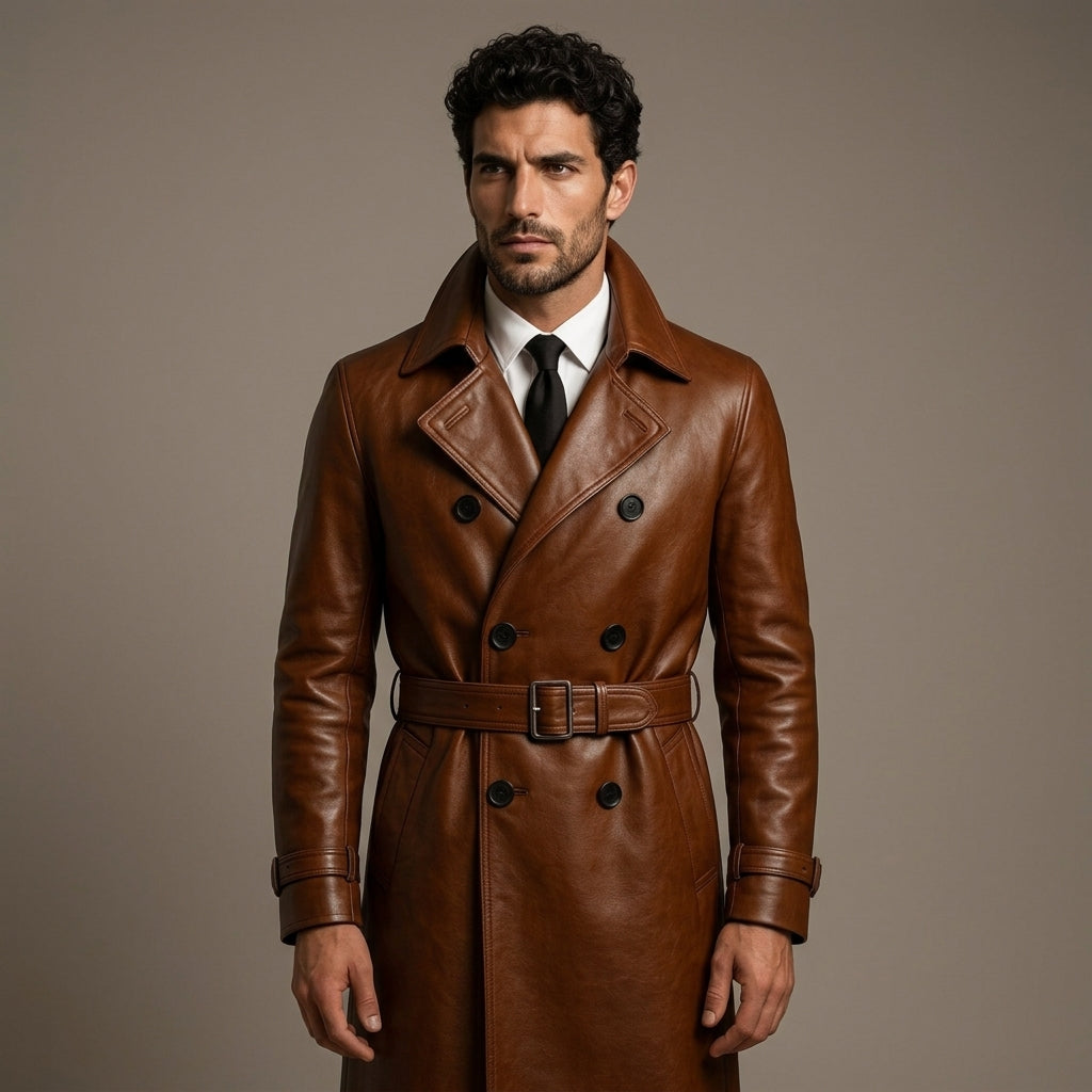 Men's Shinny Brown Leather Trench Coat