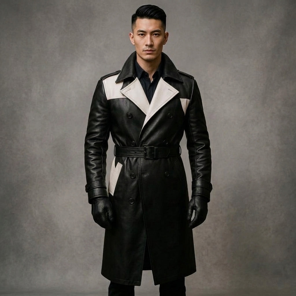 Men's Black & White Leather Trench Coat - Leather Outlet