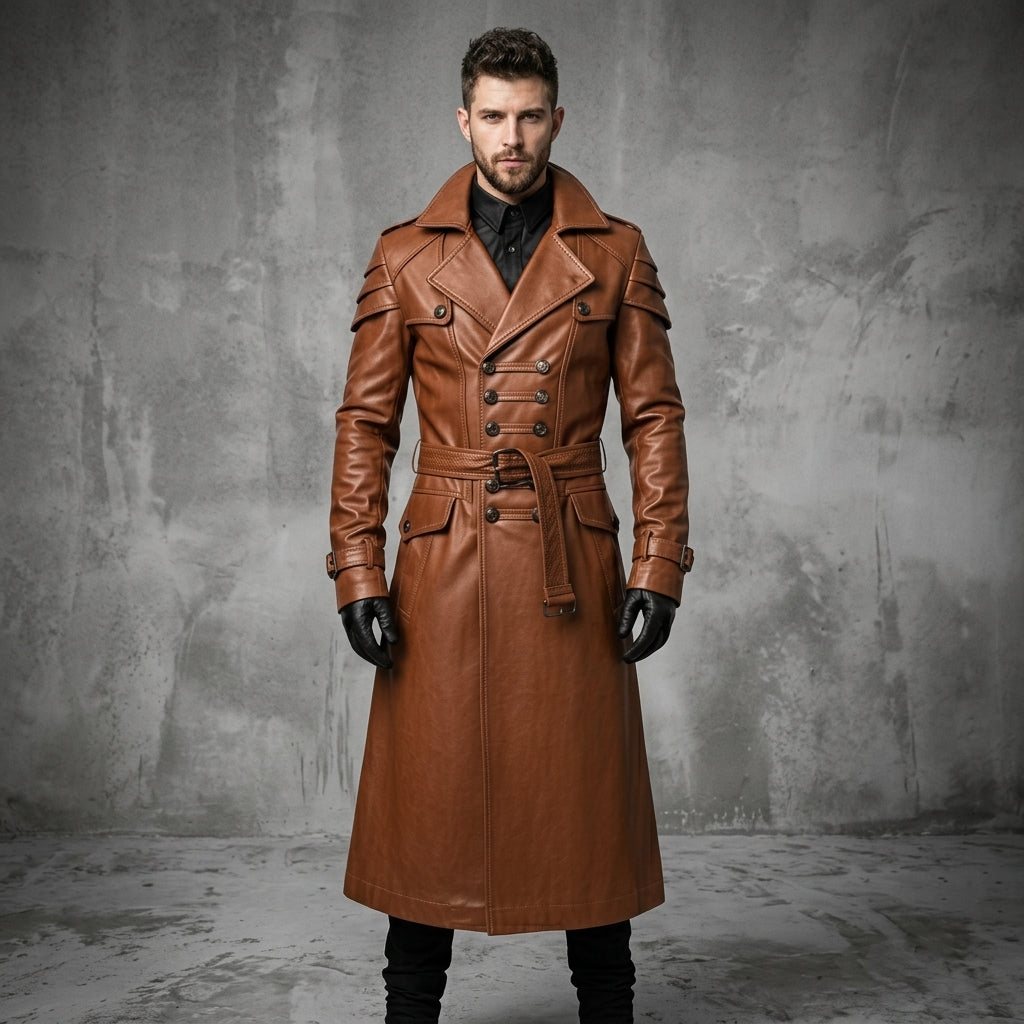 Men's Medium Brown Leather Trench Coat - Leather Outlet
