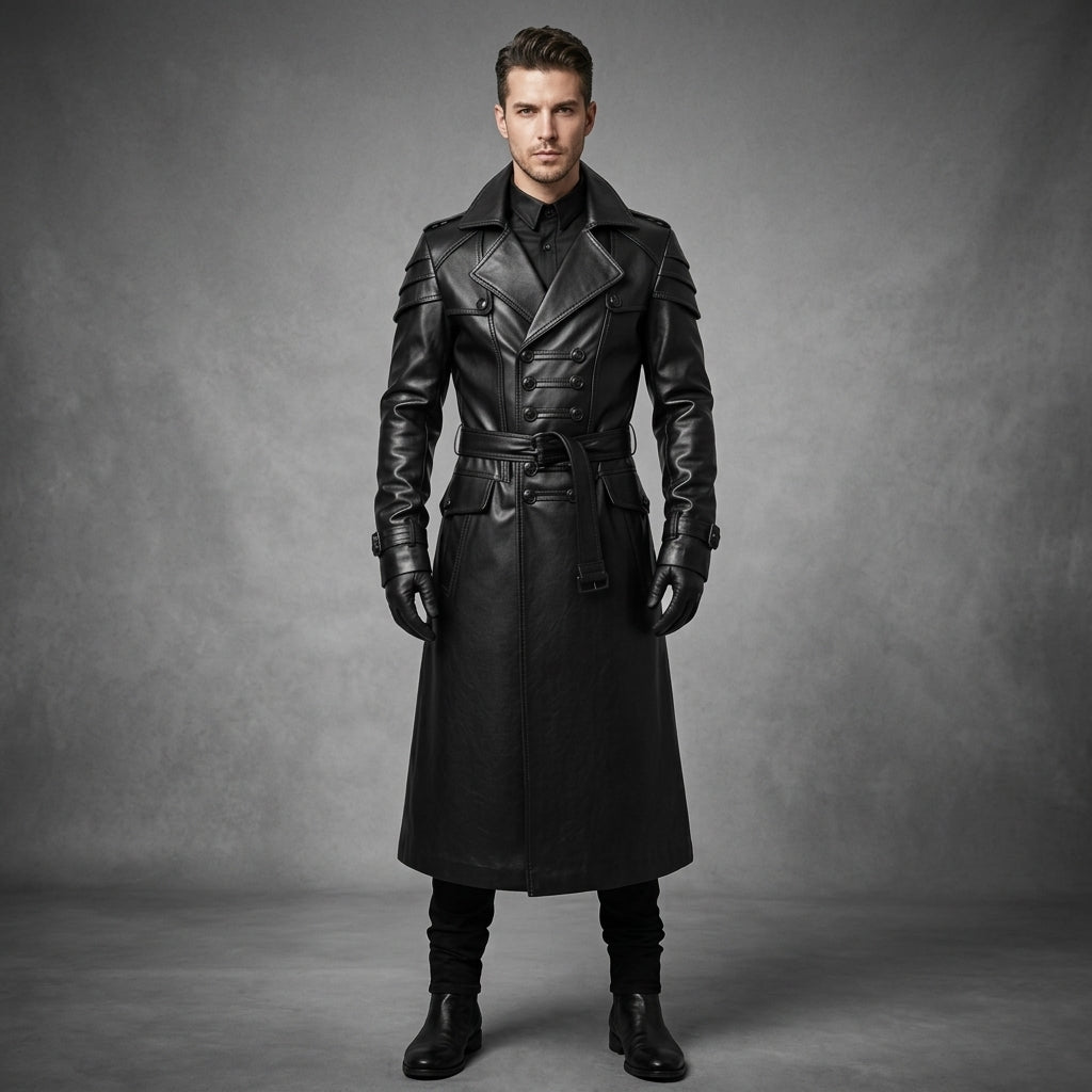 Men's Black Leather Trench Coat - Leather Outlet