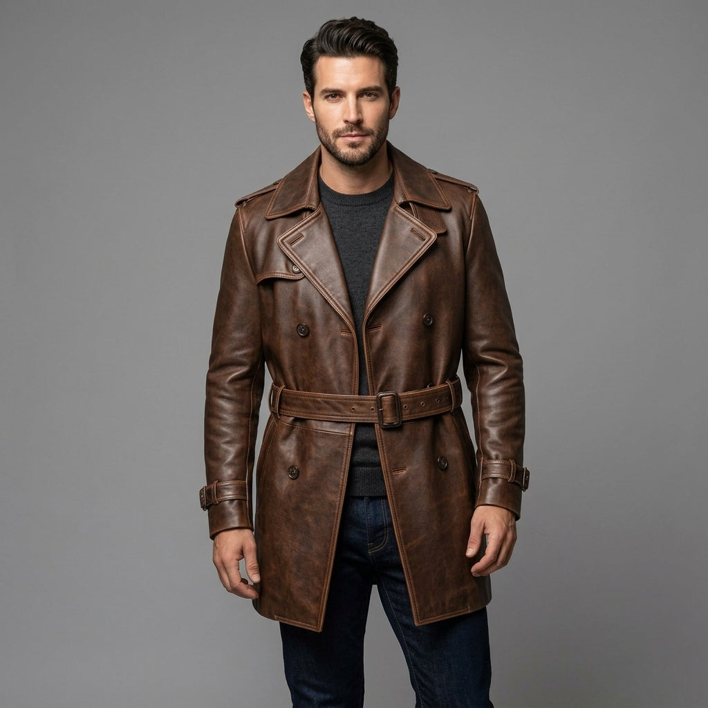 Men's Brown Leather Trench Coat