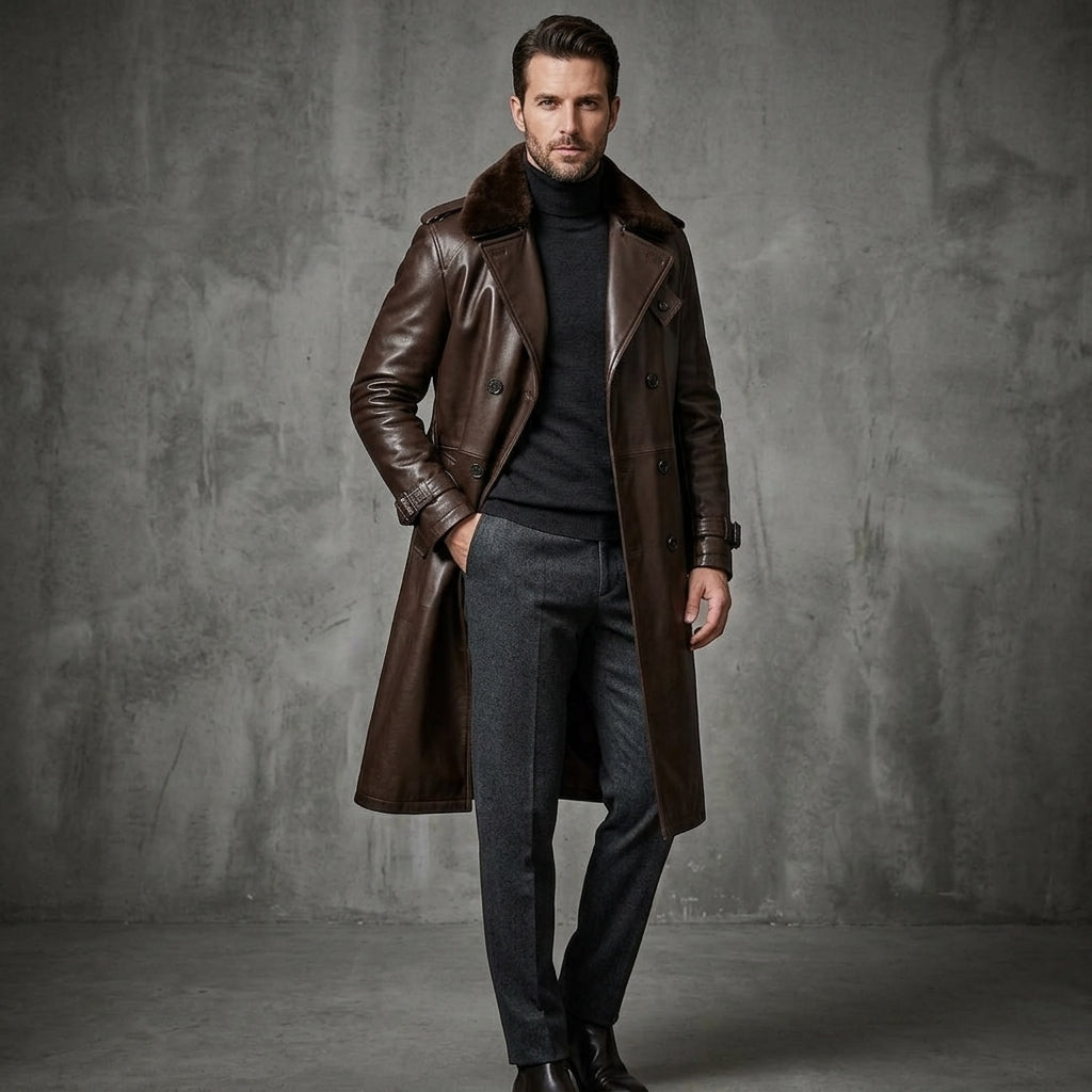 Men's Tan Brown Leather Trench Coat - Leather Outlet