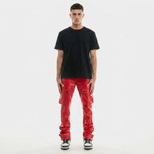 Load image into Gallery viewer, Men's Red Leather Cargo Pants – Slim Fit Biker Utility Trousers
