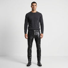 Load image into Gallery viewer, Men’s Black Crocodile Embossed Genuine Leather Biker Pants – Slim Fit Moto Trousers
