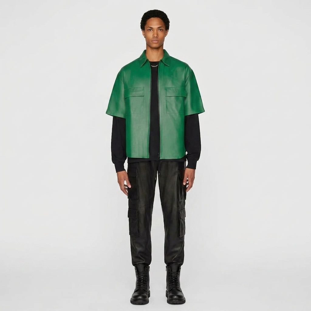 Men’s Green Half Sleeve Leather Shirt – Premium Casual Leather Shirt