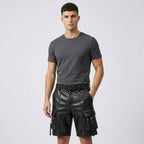 Men’s Black Leather Cargo Utility Shorts – Premium Biker Streetwear Shorts