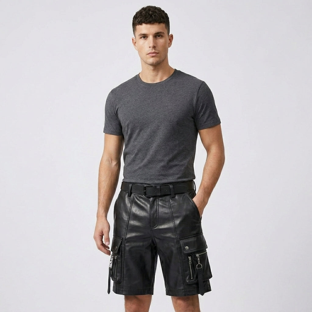 Men’s Black Leather Cargo Utility Shorts – Premium Biker Streetwear Shorts