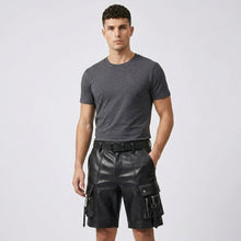 Load image into Gallery viewer, Men’s Black Leather Cargo Utility Shorts – Premium Biker Streetwear Shorts
