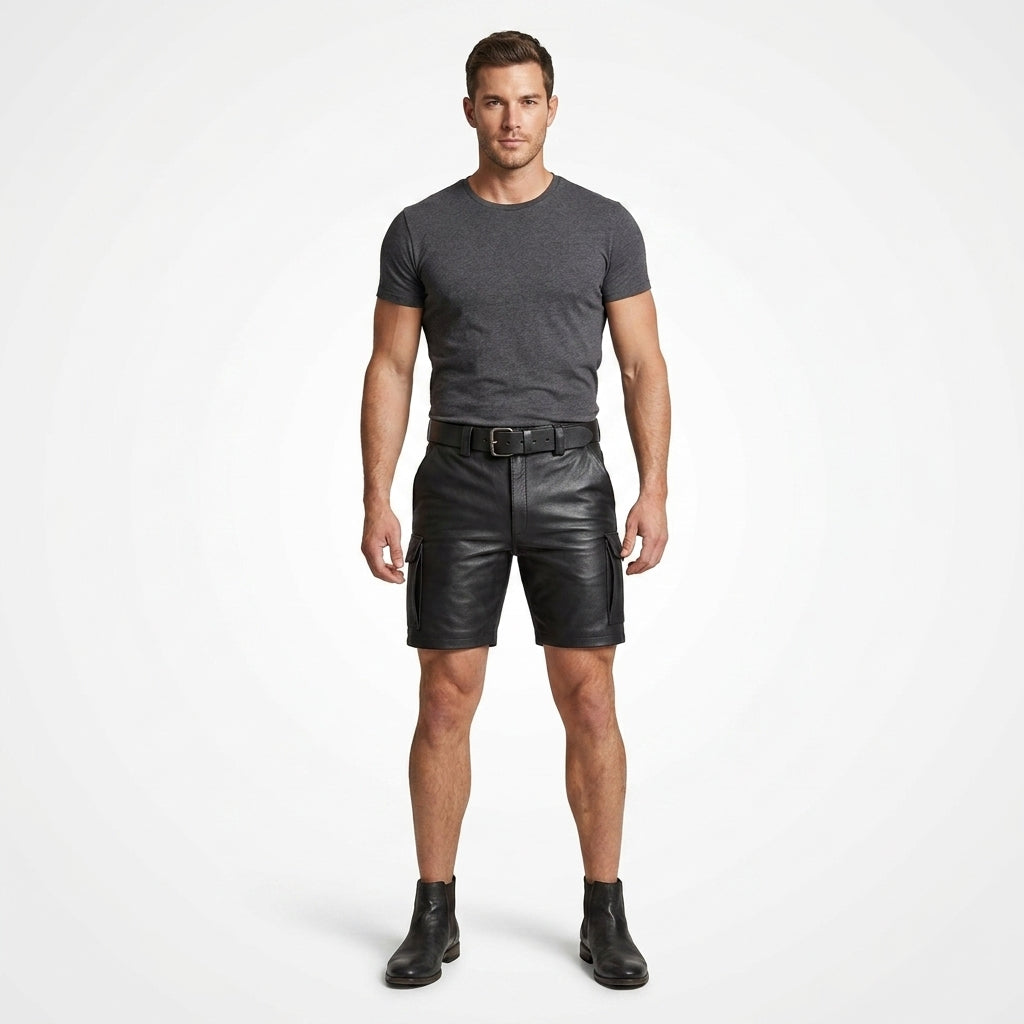Men’s Leather Cargo Shorts – Utility Biker Streetwear Shorts