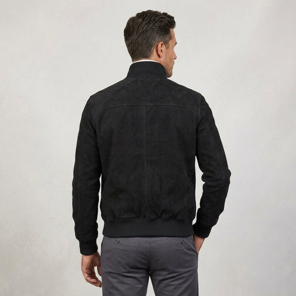 Men’s Black Suede Leather Bomber Jacket – Premium Classic Casual Aviator Coat