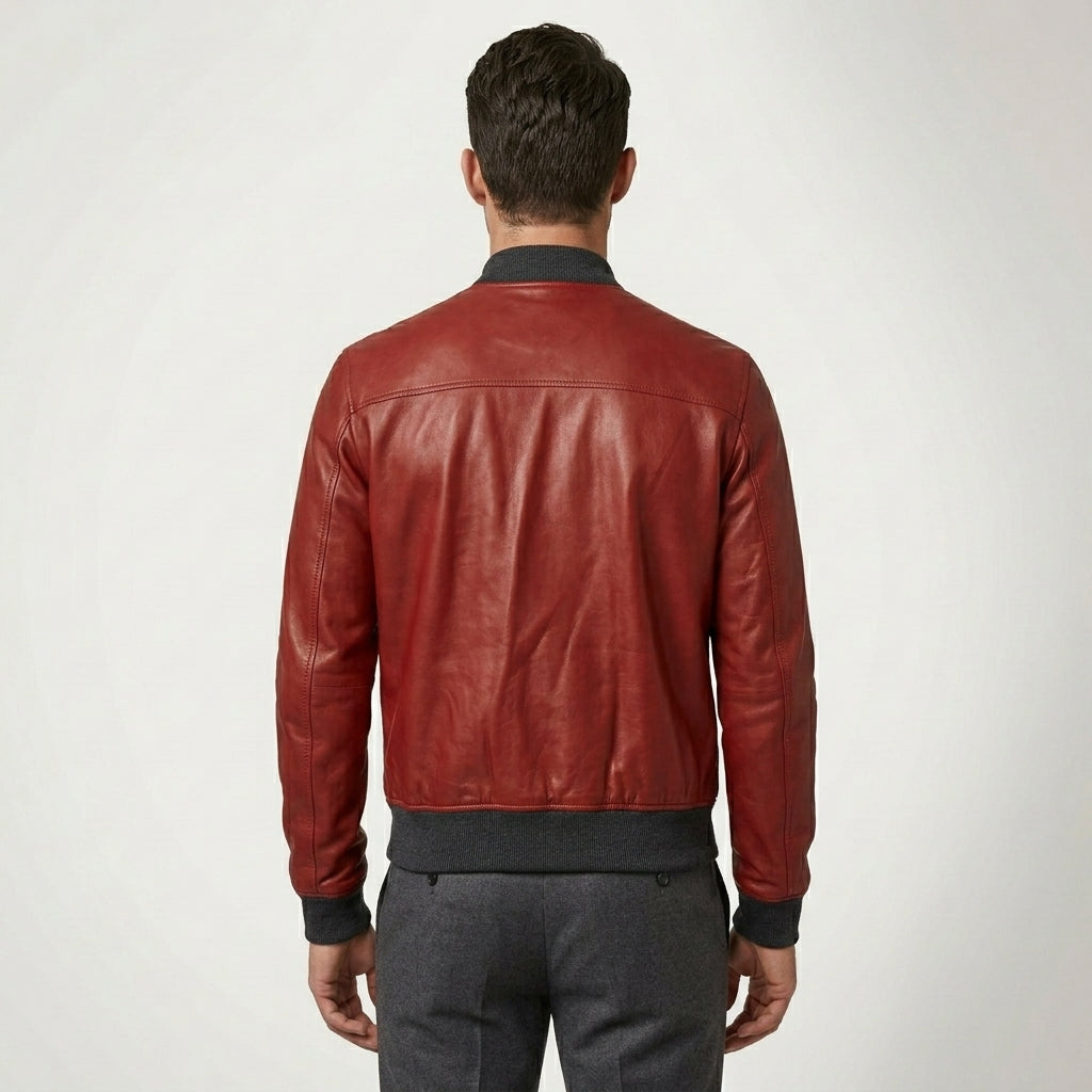 Men’s Red Lambskin Leather Bomber Jacket – Premium Fashion Casual Coat