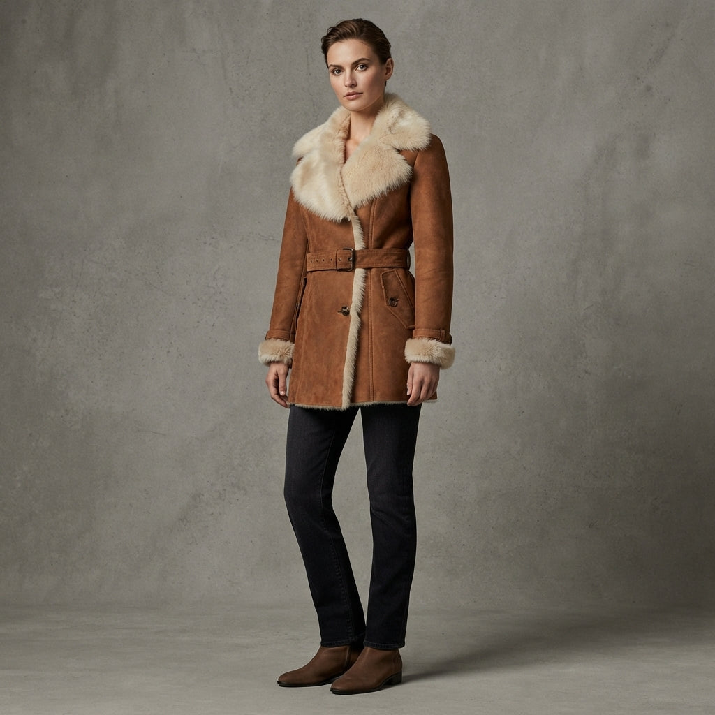 Women's Brown Beige Two-Tone Shearling Jacket