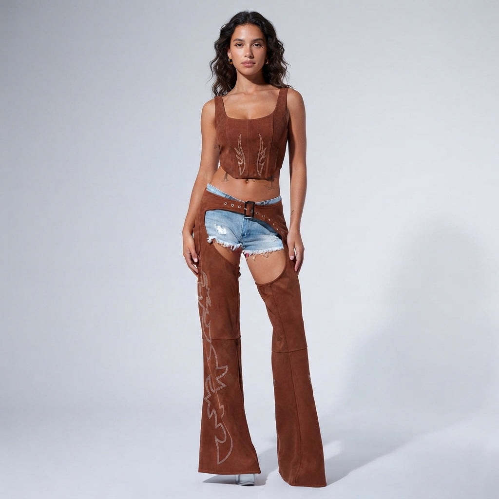 Women Brown and Blue Leather Chaps
