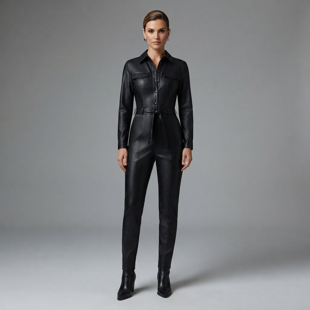 Women's Black Leather Jumpsuit