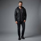 Men's Detachable Hoodie Black Biker Leather Jacket