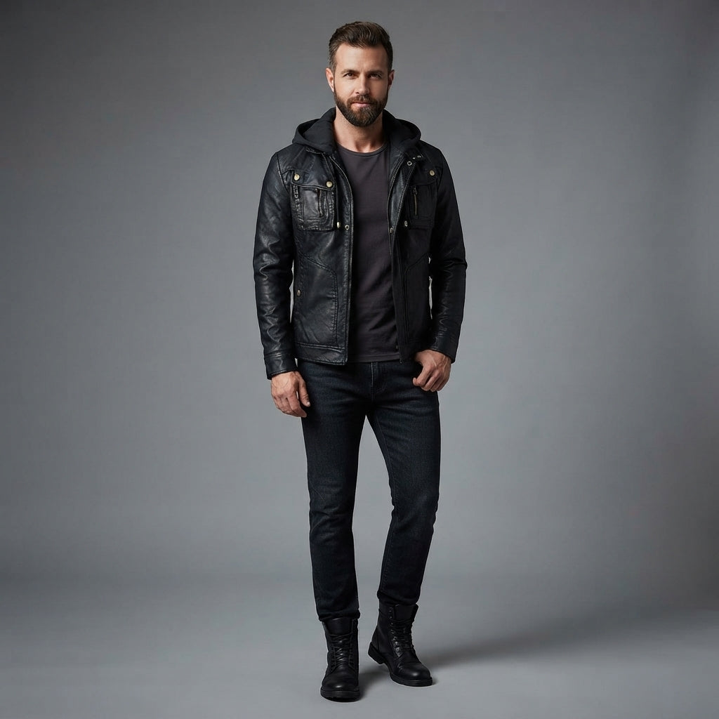 Men's Brown Leather Hooded Jacket