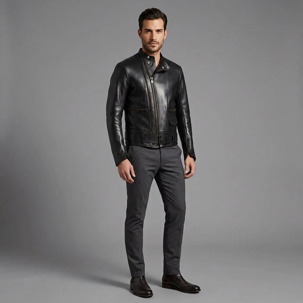 Black Plain Leather Jacket for Men